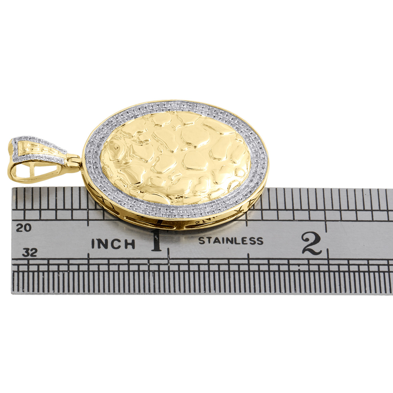 10K Yellow Gold Real Diamond Nugget Ore Oval Frame Pendant 1.70