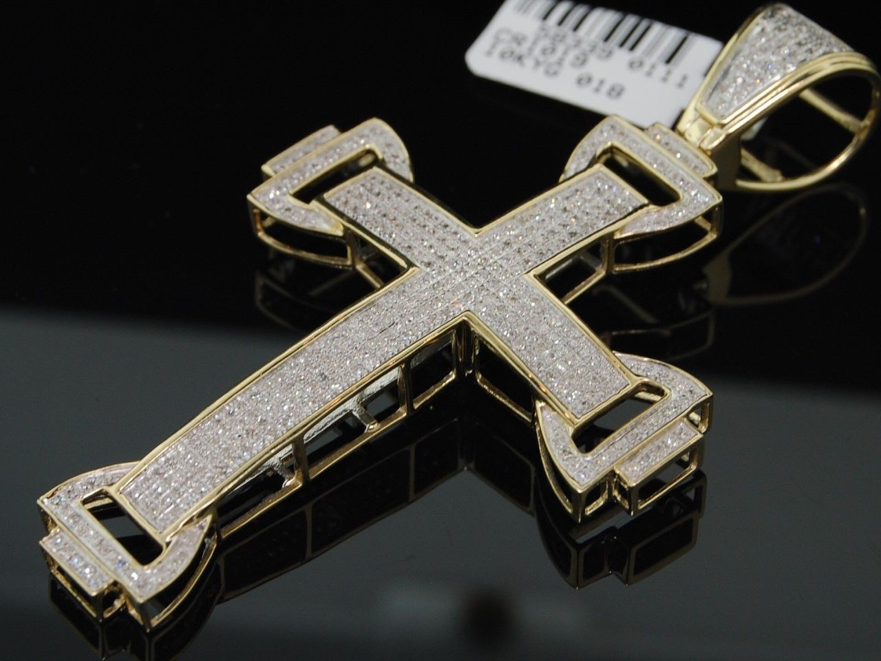 MENS YELLOW GOLD PAVE DIAMOND DOMED CROSS CHARM JFL - Main Image