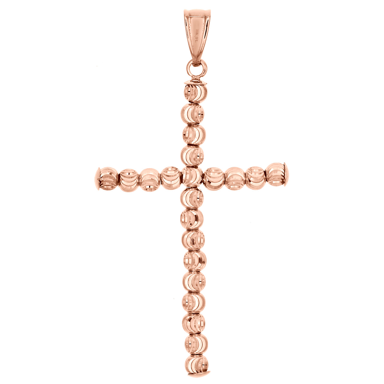 10K Rose Gold 3mm Diamond Cut Beaded Moon Cut Cross Pendant