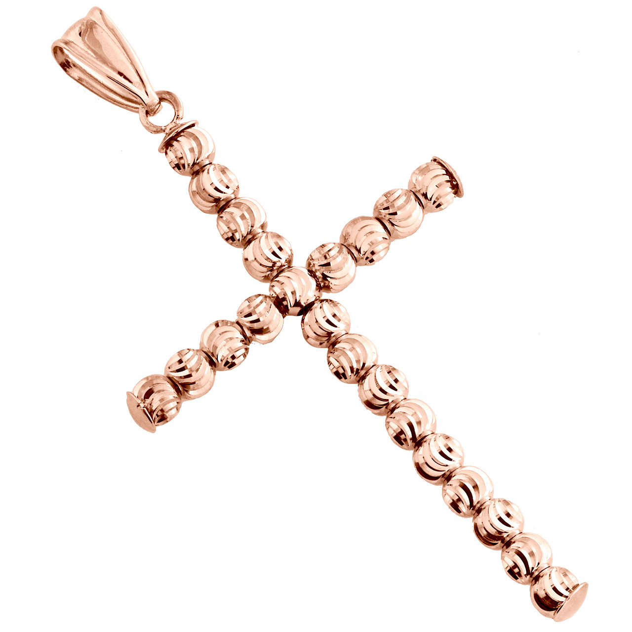 10K Rose Gold 3mm Diamond Cut Beaded Moon Cut Cross Pendant