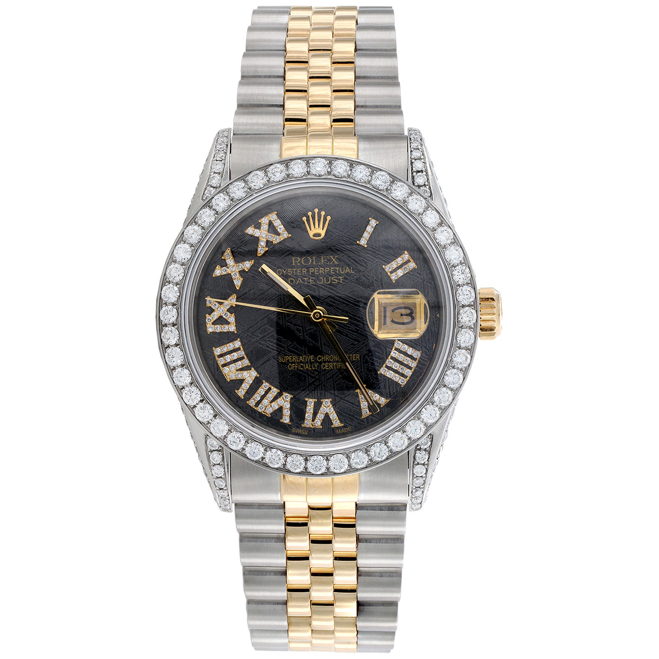 Rolex Vintage Black Face DateJust Ladies 18kt Watch Diamond Dial