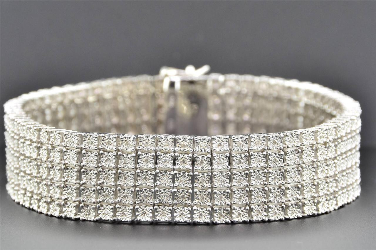 Row Diamond Bracelet Sterling Silver Mens White Finish - Main Image