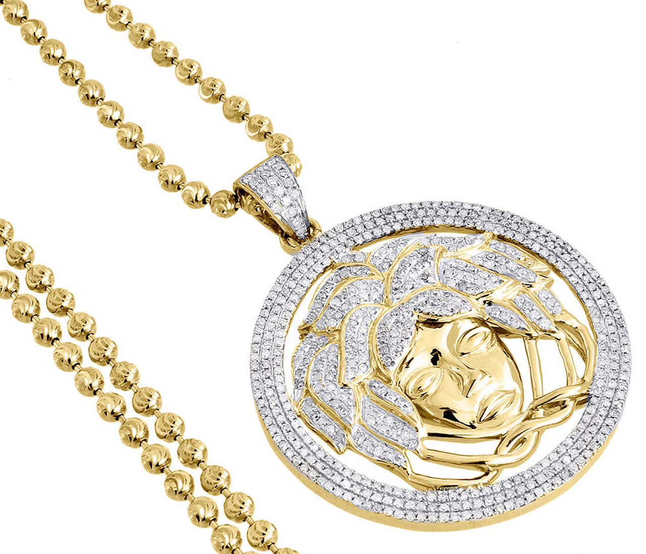 Diamond Medusa Head Pendant 10K Yellow Gold Pave Charm & Chain Set 2.20 Ct.