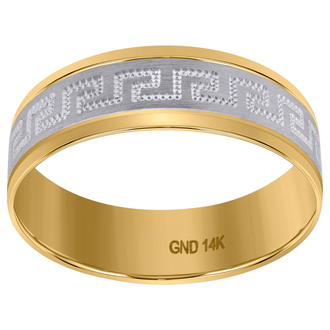 14K Two Tone Gold Men's Brushed Center Greek Key 7mm Wedding Band