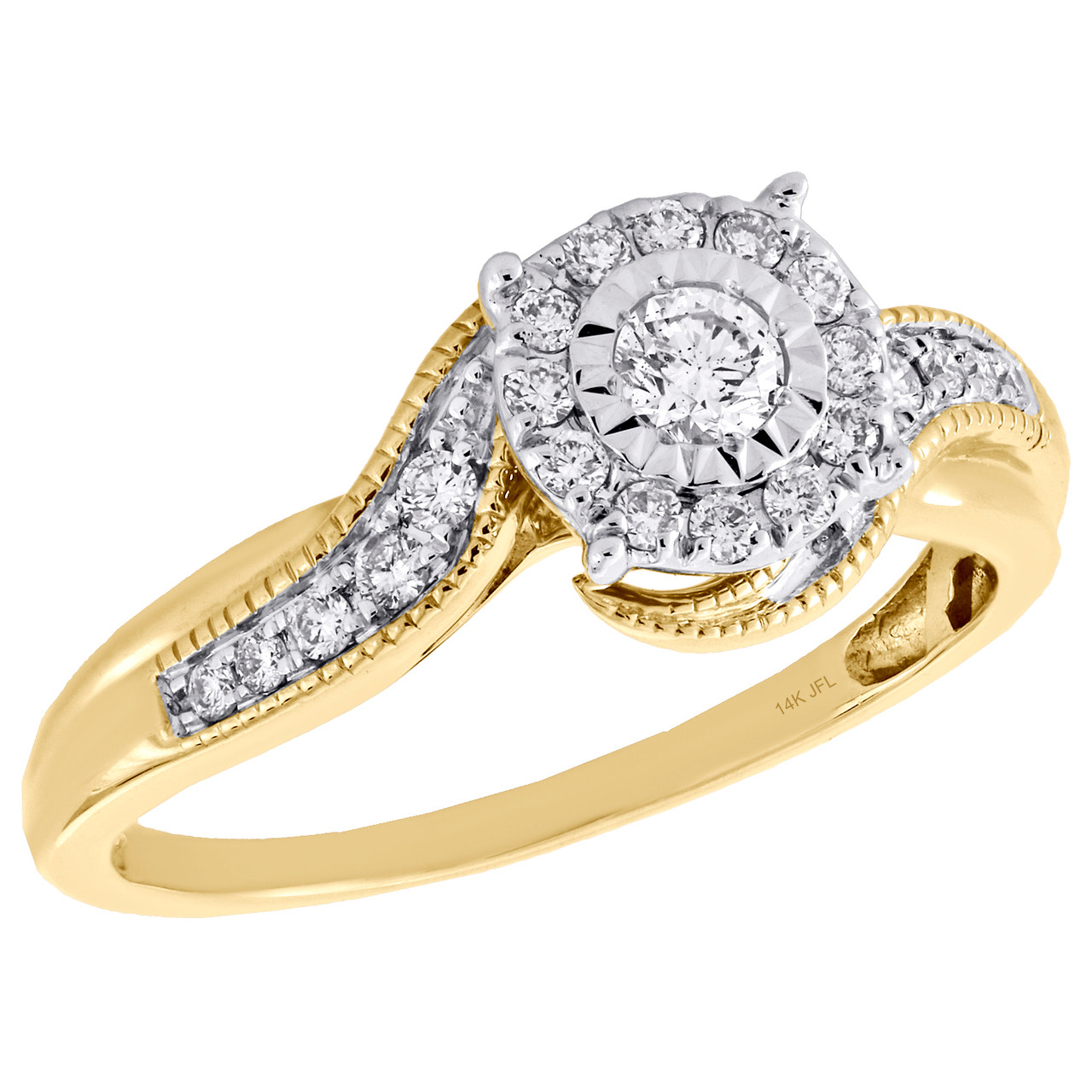 14K Yellow Gold Round Diamond Halo Milgrain Bypass Engagement Ring