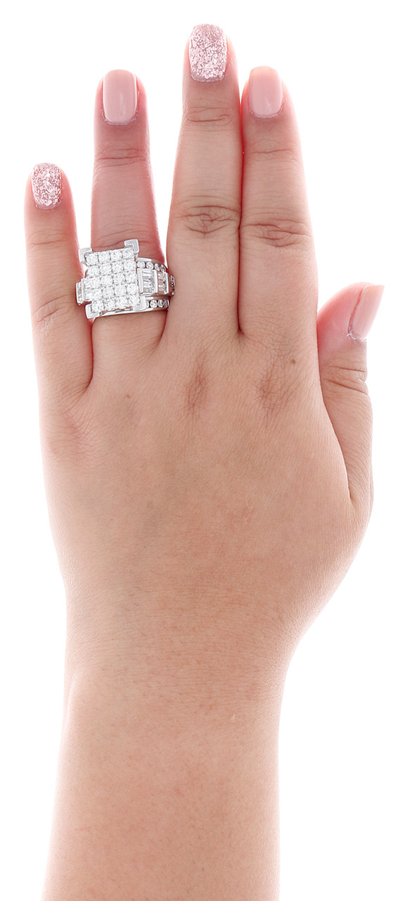 【King Ice】Baguette-Cut CLUSTER リング 2色 14K White Gold Round & Baguette Diamond Rectangle Cluster