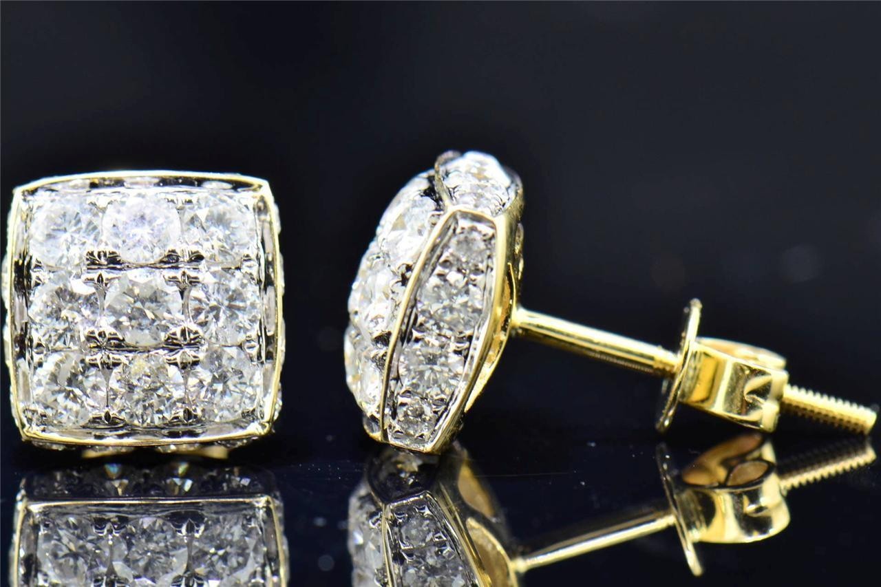 Mens Ladies 10K Yellow Gold 3D Square Real Diamond Domed Stud