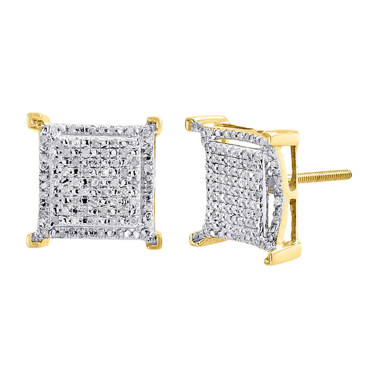 Diamond Square Earrings 10K Yellow Gold Round Cut Pave Design Studs 0. ...