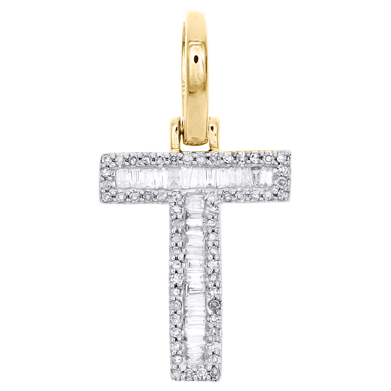 10K Yellow Gold Baguette Diamond Letter T Mini Pendant 1