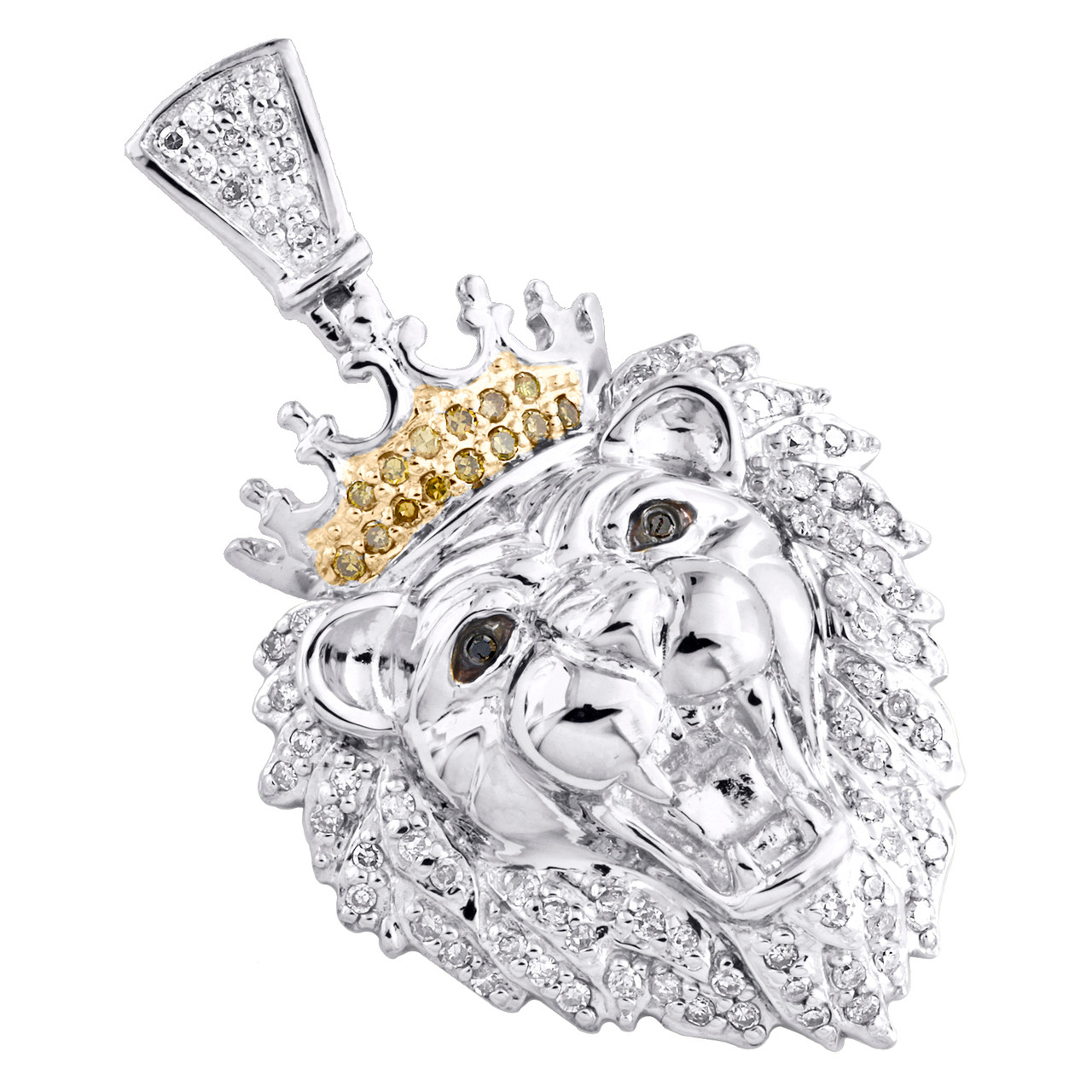 10K White Gold Real Diamond Lion Head Statement Pendant 1.30" Pave