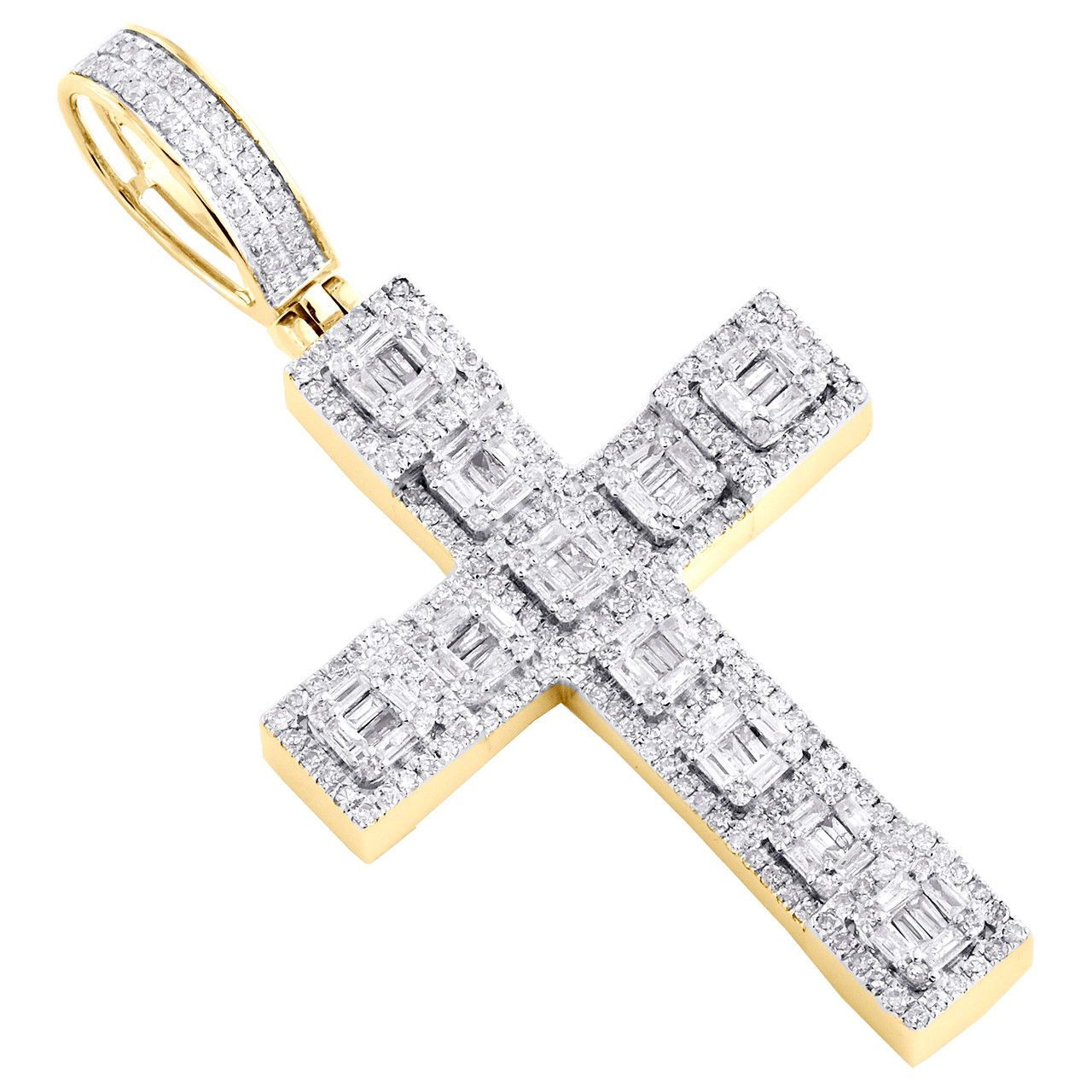 10K Yellow Gold Round & Baguette Diamond Cluster Cross Pendant 2