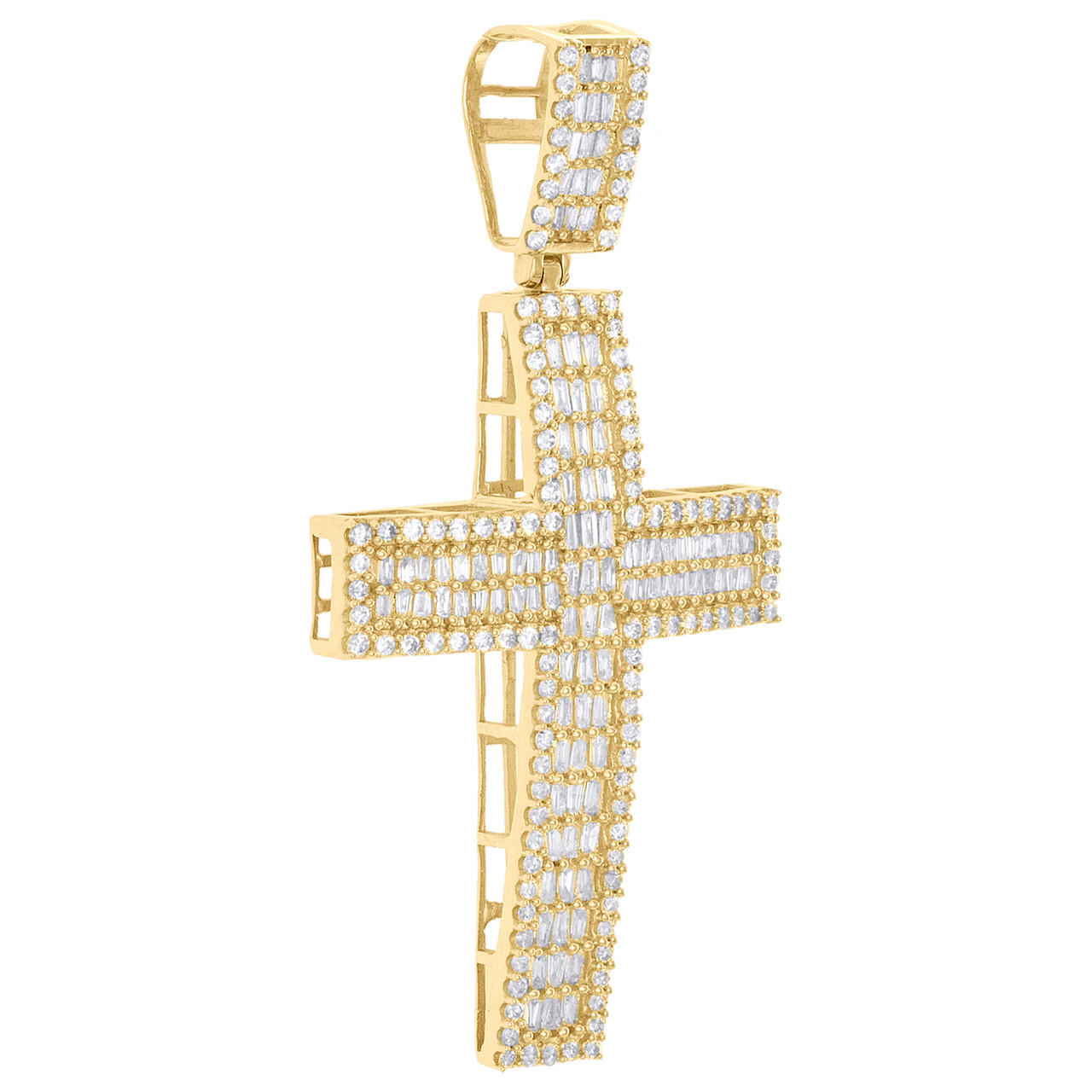 10K Yellow Gold Baguette Diamond Domed Cross Fancy Pendant 2.65