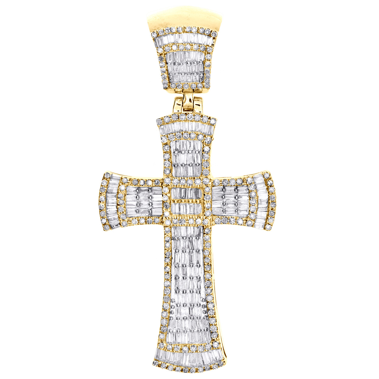 10K Yellow Gold Round Baguette Diamond Fancy Cross Pendant