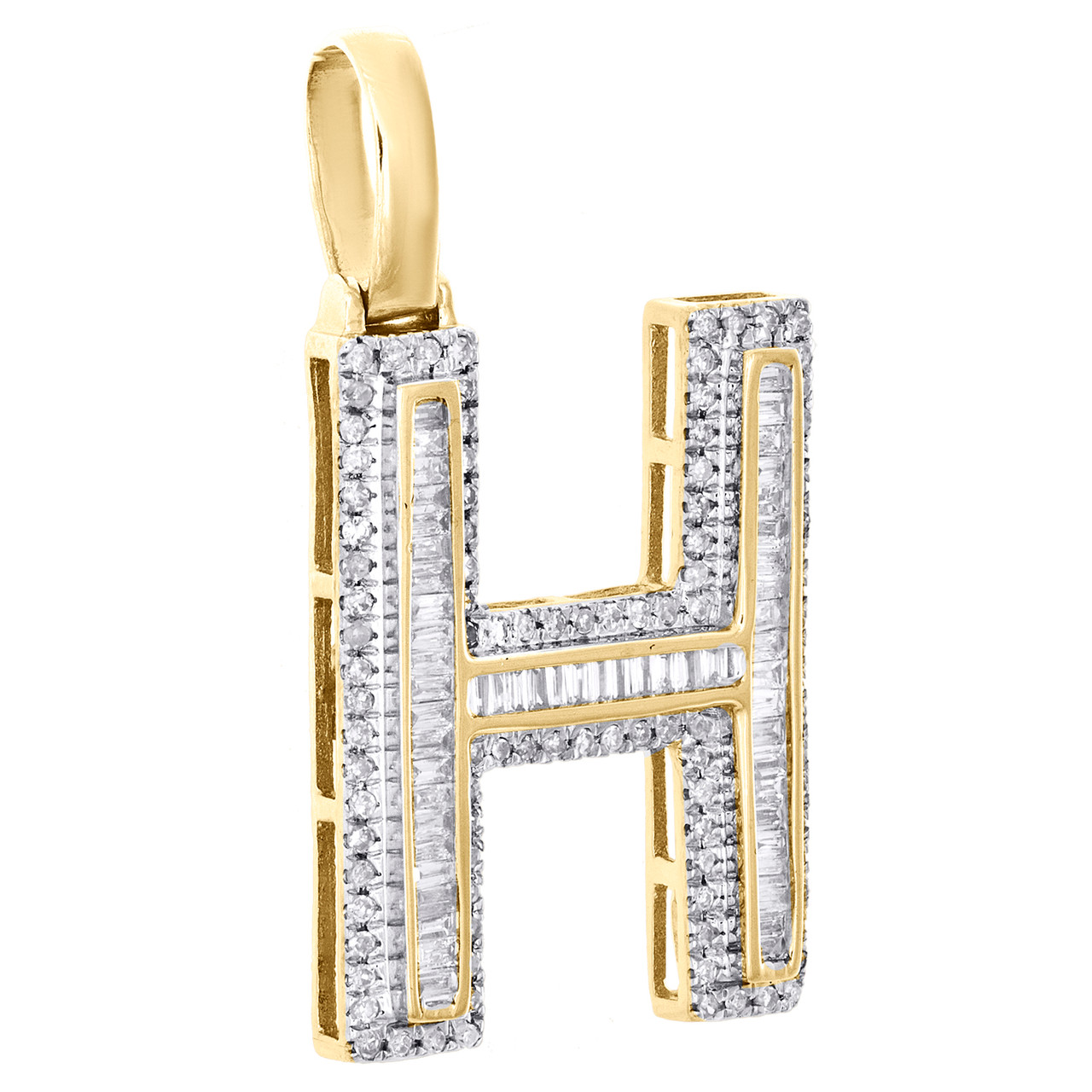 10K Yellow Gold Baguette Diamond Letter H Pendant 1.20" Initial Charm 0