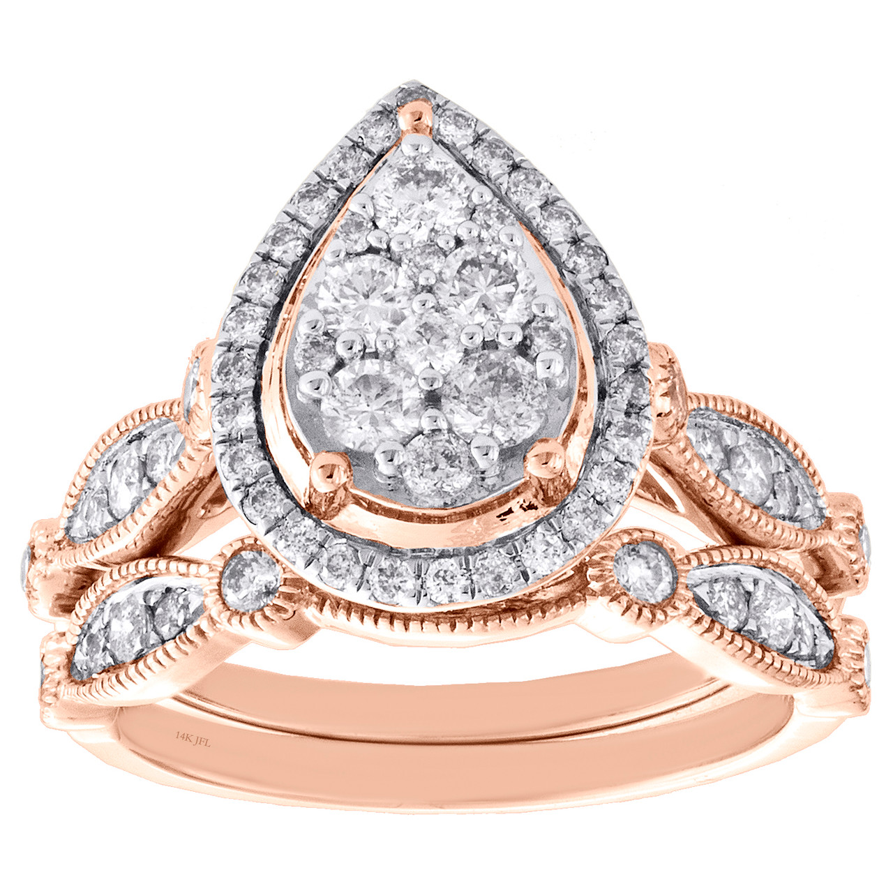 14k Rose Gold Diamond Halo Teardrop Engagement + Wedding Ring Bridal Set 1  CT.