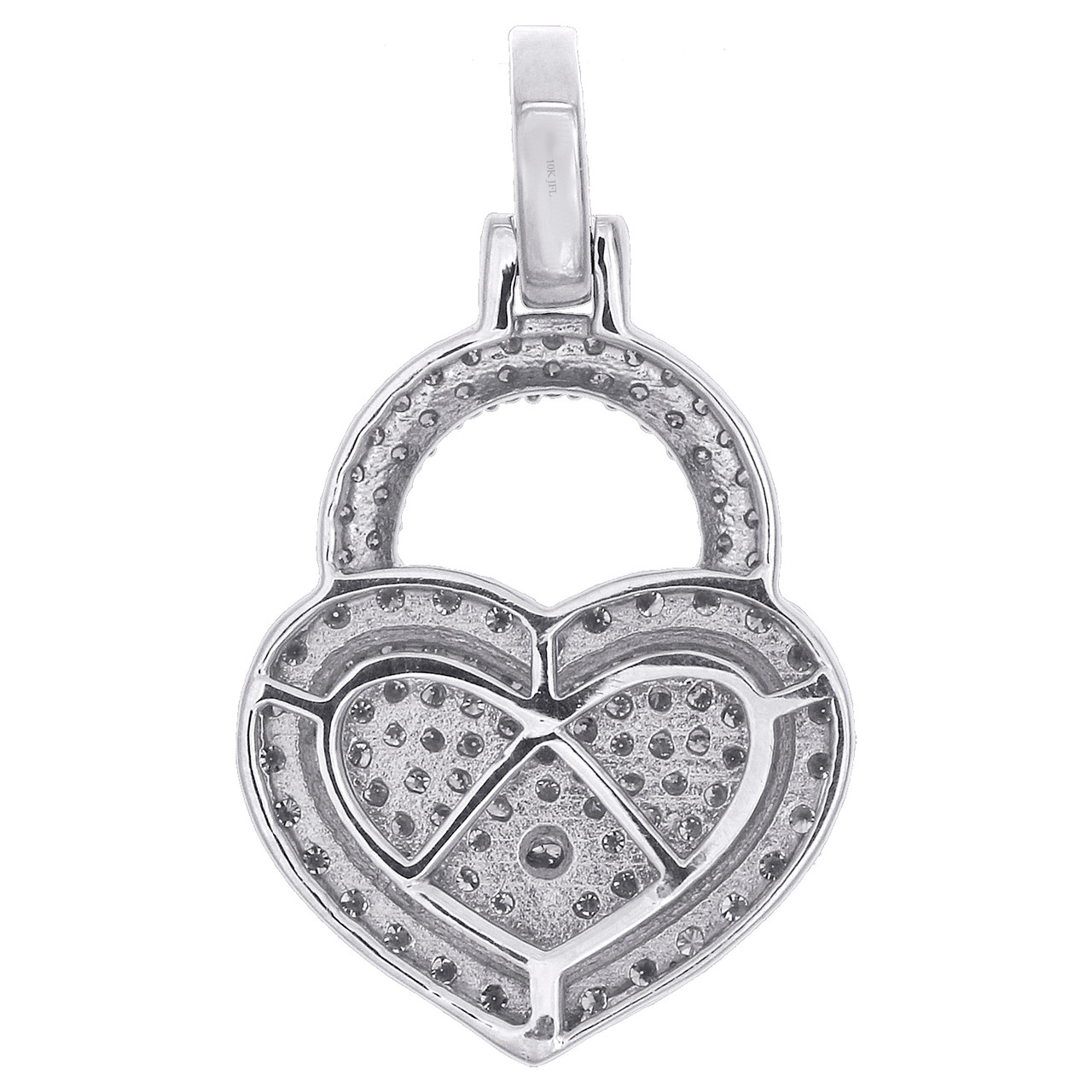 10K White Gold Round Diamond Heart & Lock Pendant 1.20
