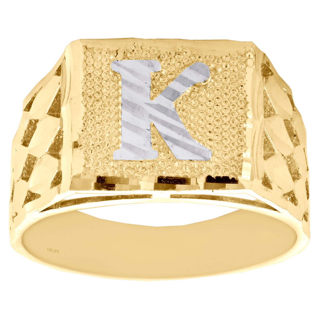 Real 10K Yellow Gold Diamond Cut Initial Letter K Statement Pinky