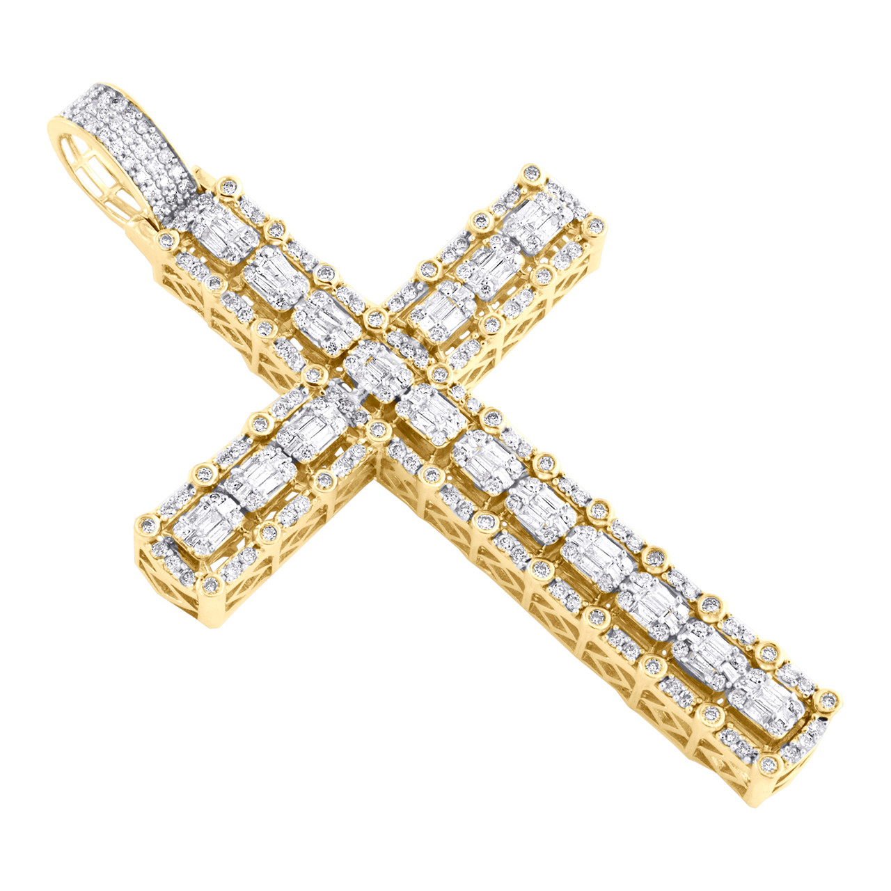 10K Yellow Gold Round & Baguette Diamond Cluster Cross Pendant 3