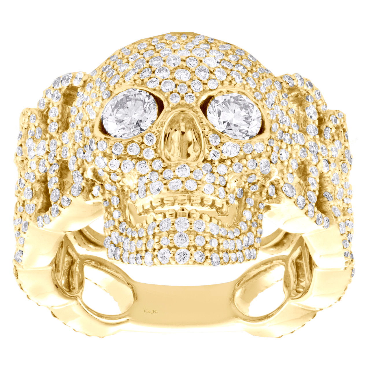 10K Yellow Gold Round Diamond Skull Head Statement Band 21mm