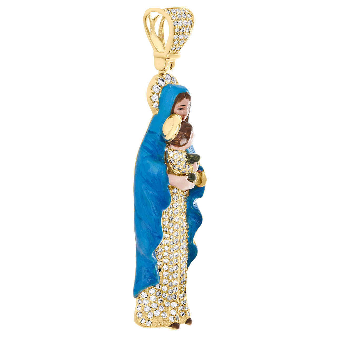 14K Yellow Gold Diamond Virgin Mary Baby Jesus Enamel Pendant 2.2