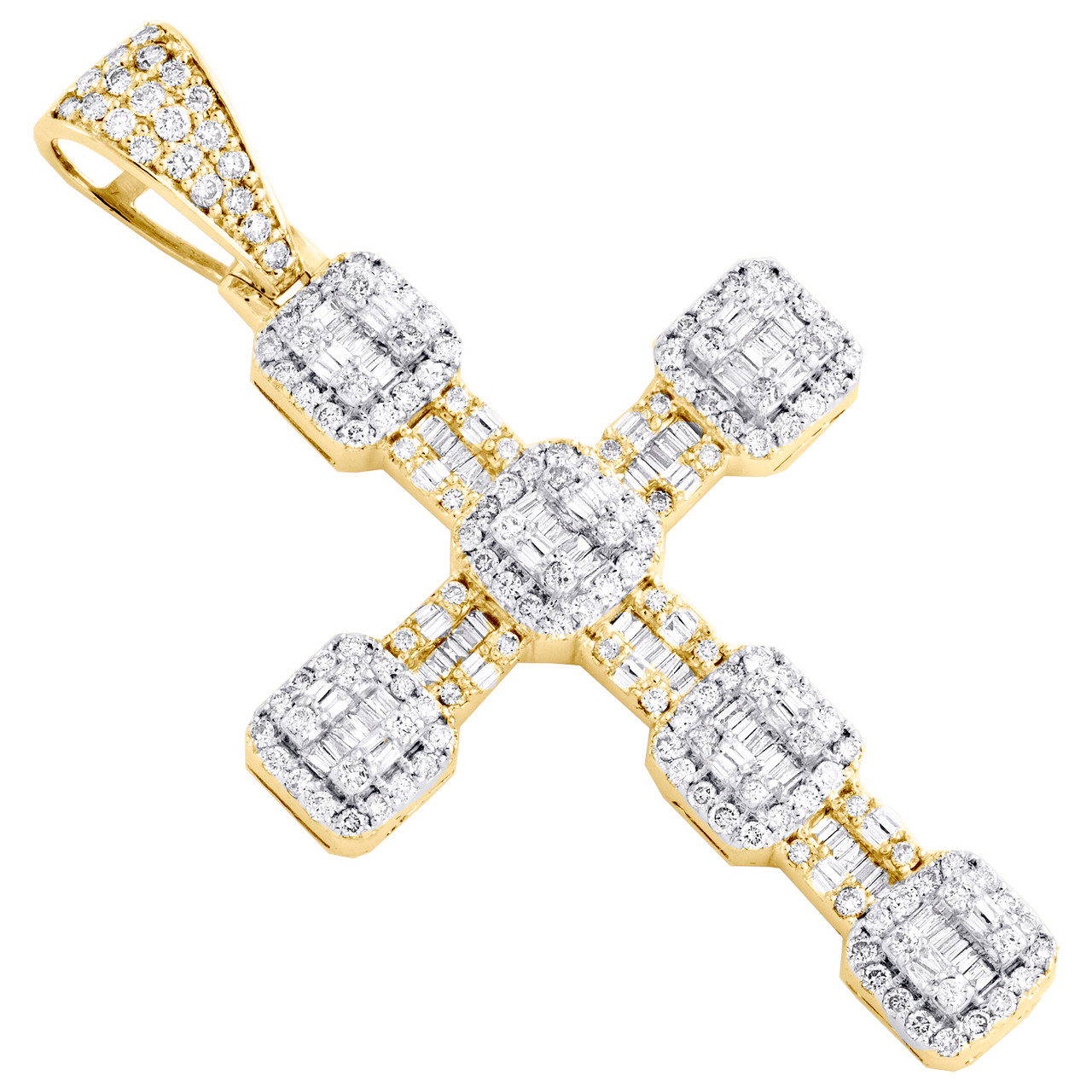 10K Yellow Gold Round & Baguette Diamond Fancy Cross Pendant 2.45 ...