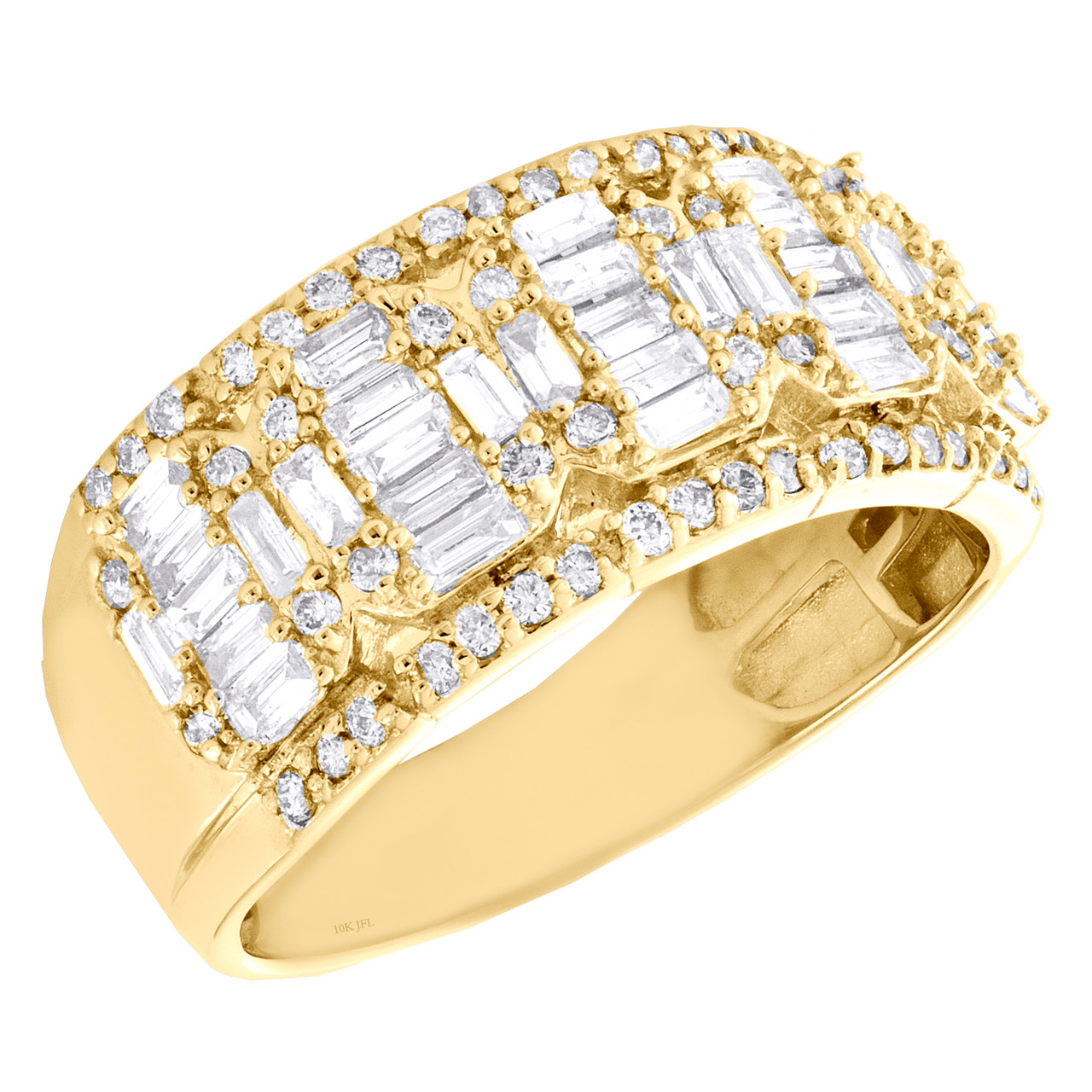 Bague de mariage fantaisie ronde et diamant baguette en or jaune