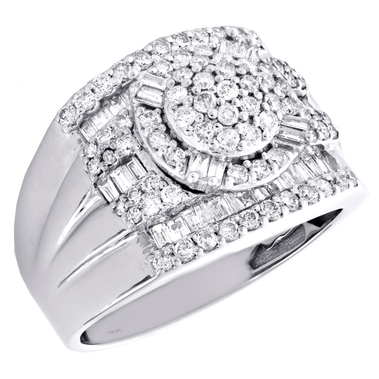 Bague en or blanc 10 carats ronde et diamant baguette 16 mm