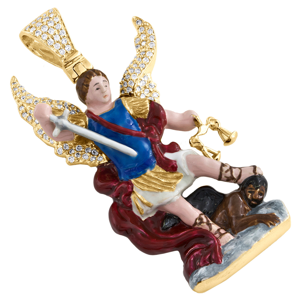 10K Yellow Gold Round Diamond Saint Michael The Archangel Enamel