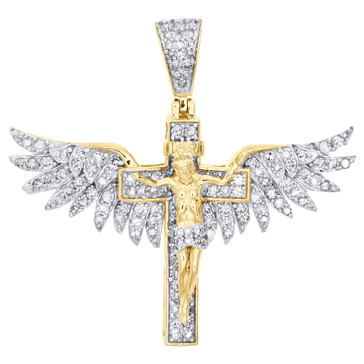 10K Yellow Gold Diamond Jesus Crucifix Cross Angel Wing Pendant