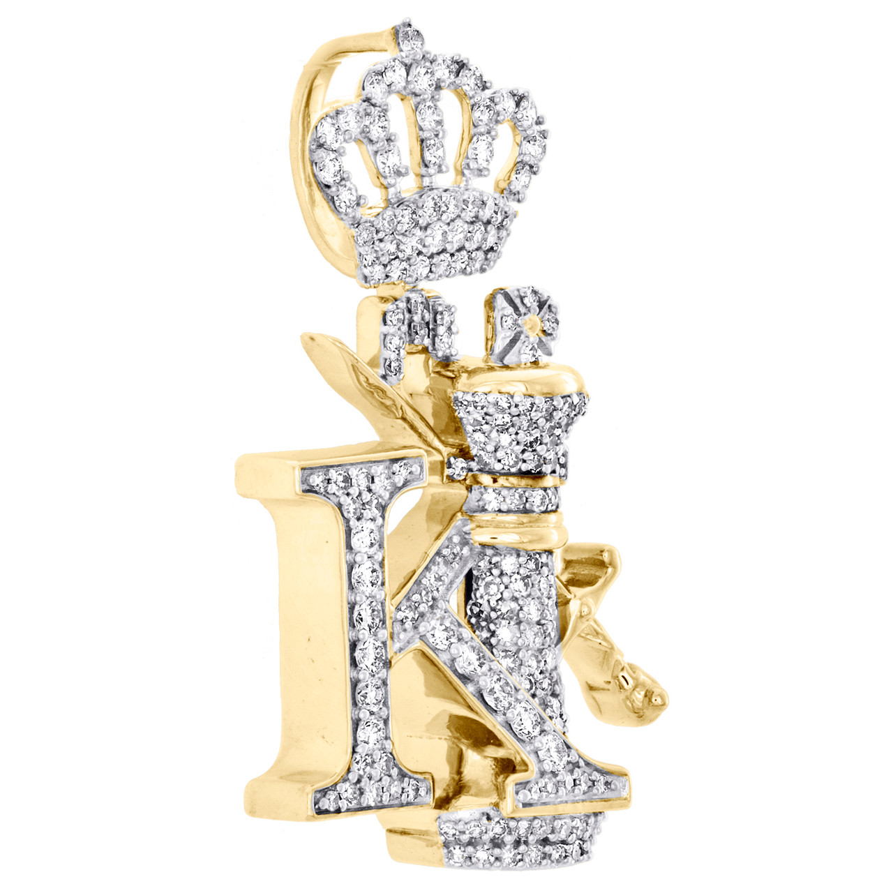 10K Yellow Gold Diamond Letter K Initial King Crown Pendant 1.55