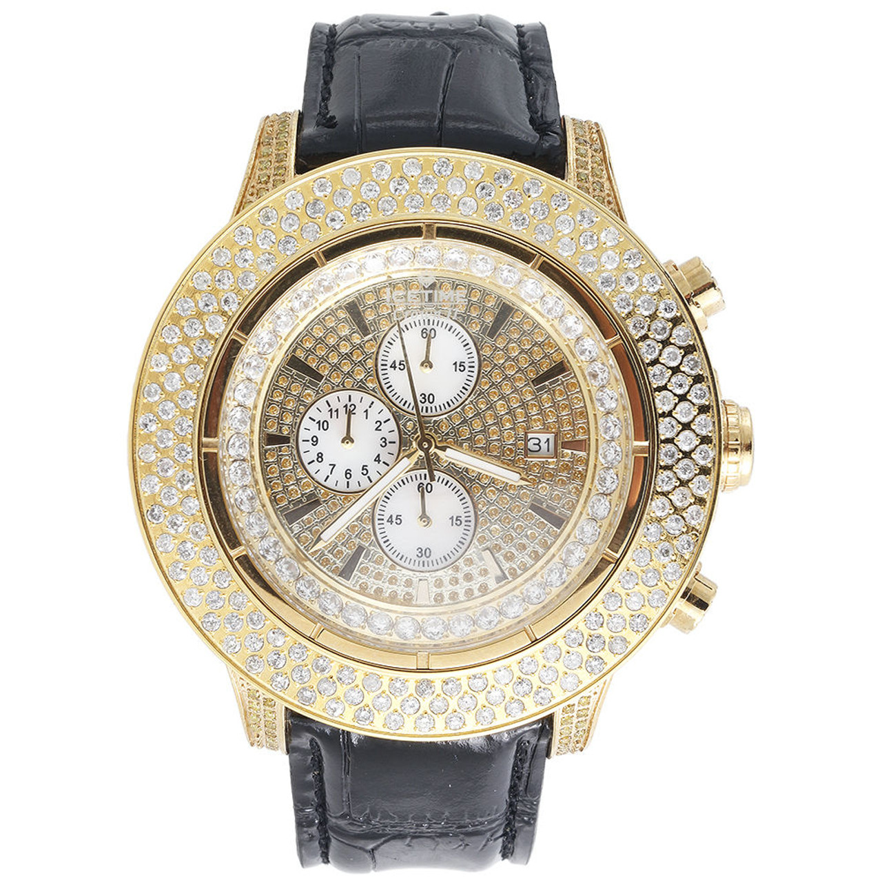 Mens New IceTime Diamond Watch Yellow Steel 45mm Illusion Dial PE-02 Prince  1 Ct - JFL Diamonds & Timepieces