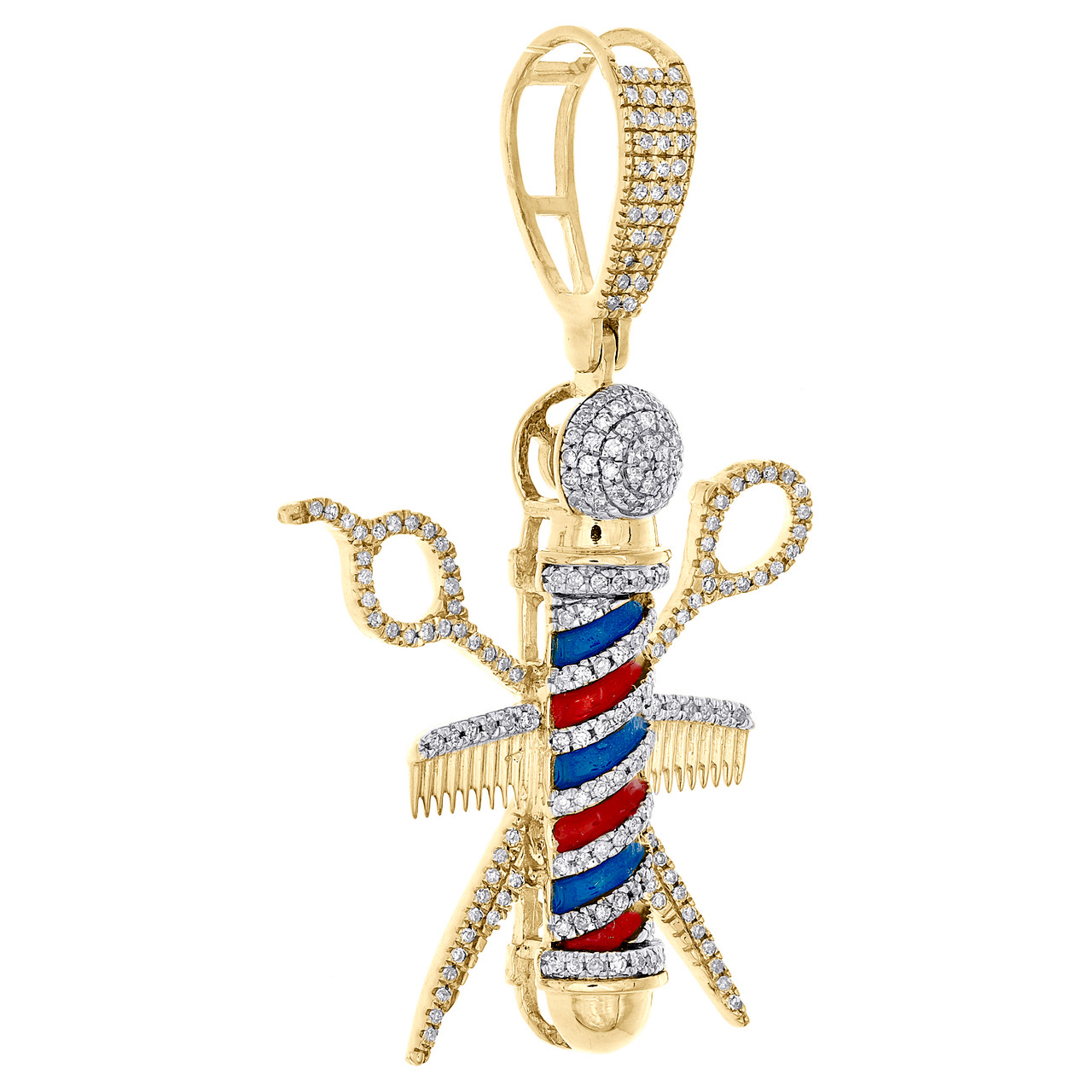 10K Yellow Gold Diamond Barber Shop Pole Scissor Comb Pendant 1.75