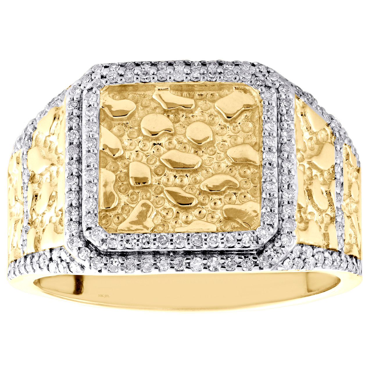 10K Yellow Gold Genuine Round Diamond Nugget Ore Pinky Ring Square Band ...