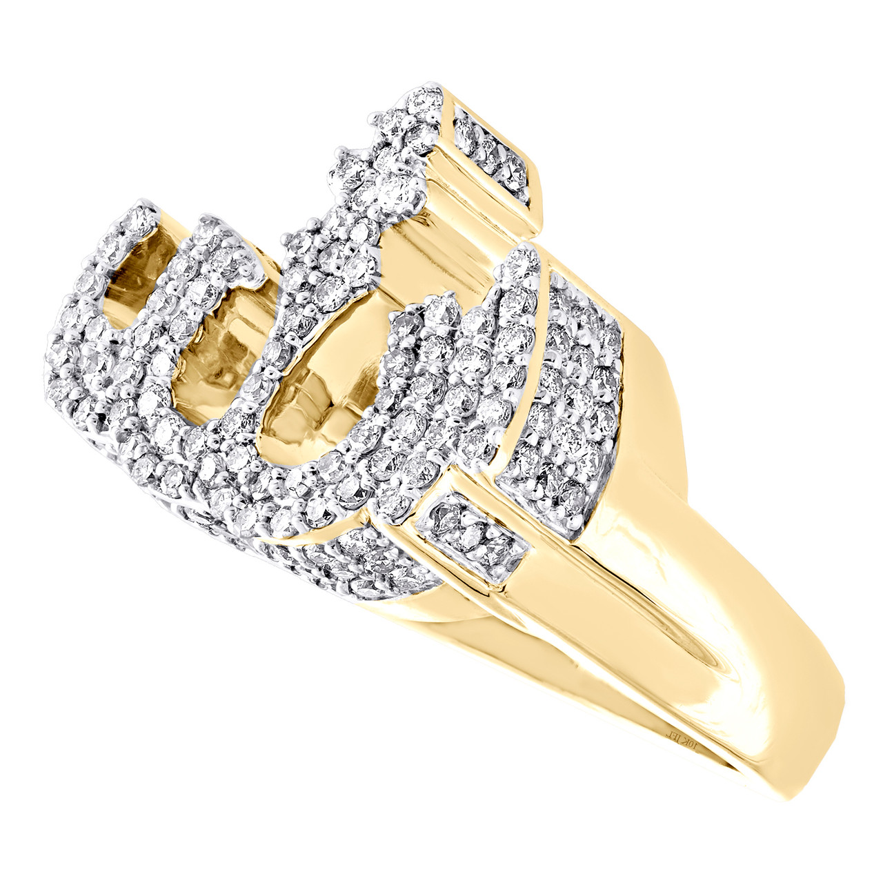 10K Yellow Gold Mens Diamond 3D Allah Pinky Ring Islamic Arabic