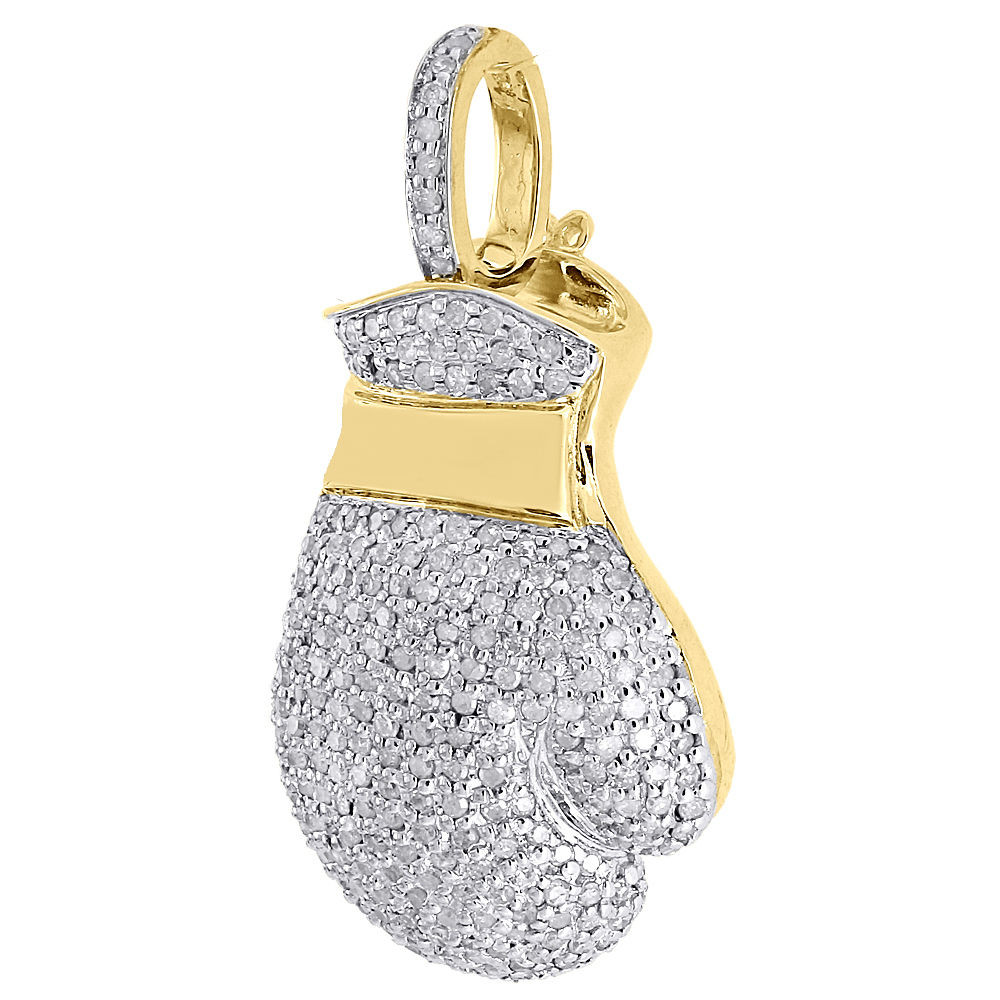 Diamond Boxing Glove Pendant Mens 10K Yellow Gold Round Pave 3D Charm 1 ...