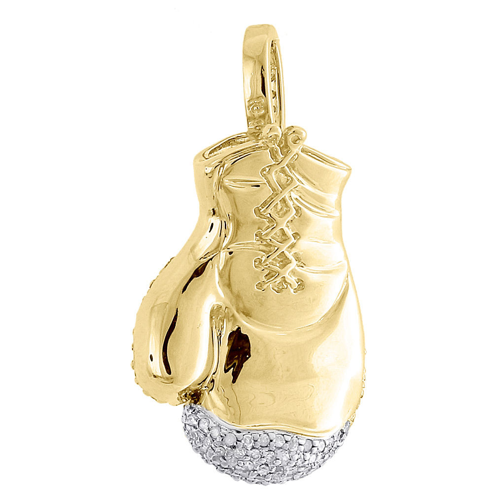 Diamond Boxing Glove Pendant Mens 10K Yellow Gold Round Pave 3D Charm 1 ...