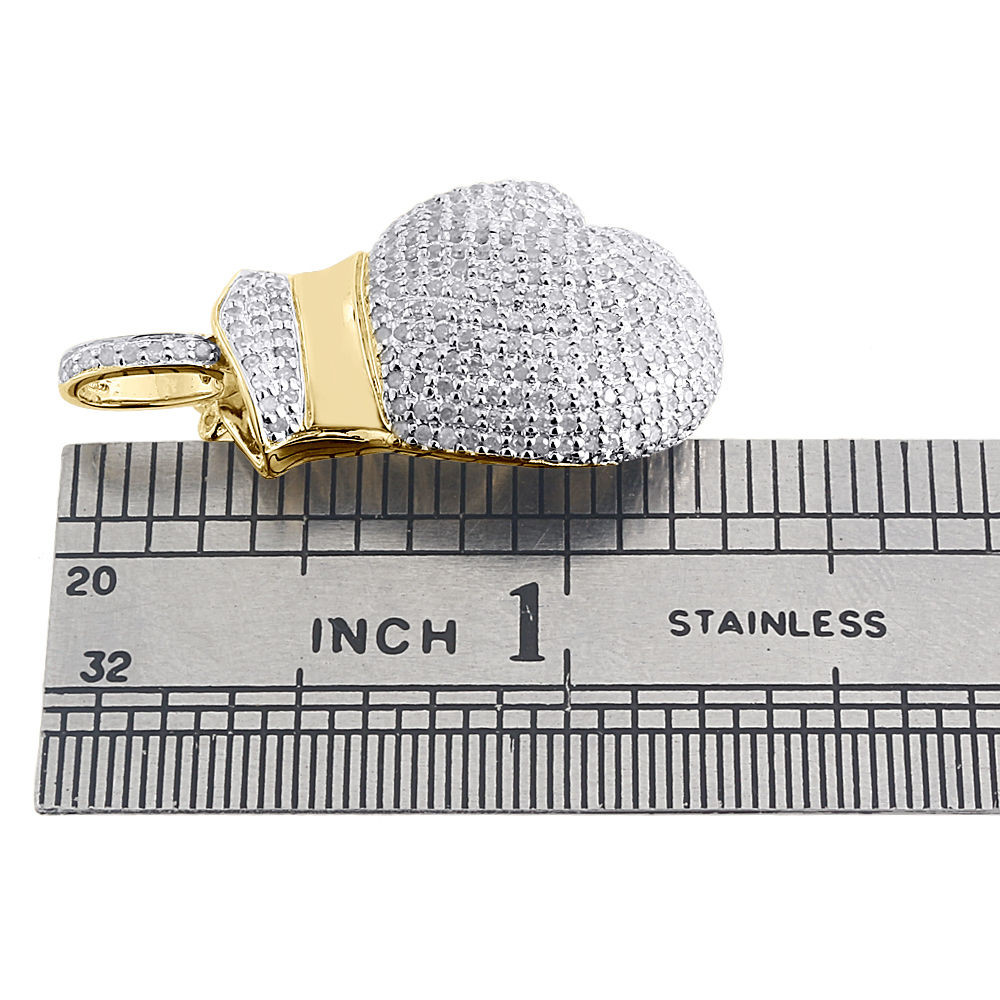 Diamond Boxing Glove Pendant Mens 10K Yellow Gold Round Pave 3D Charm 1 ...