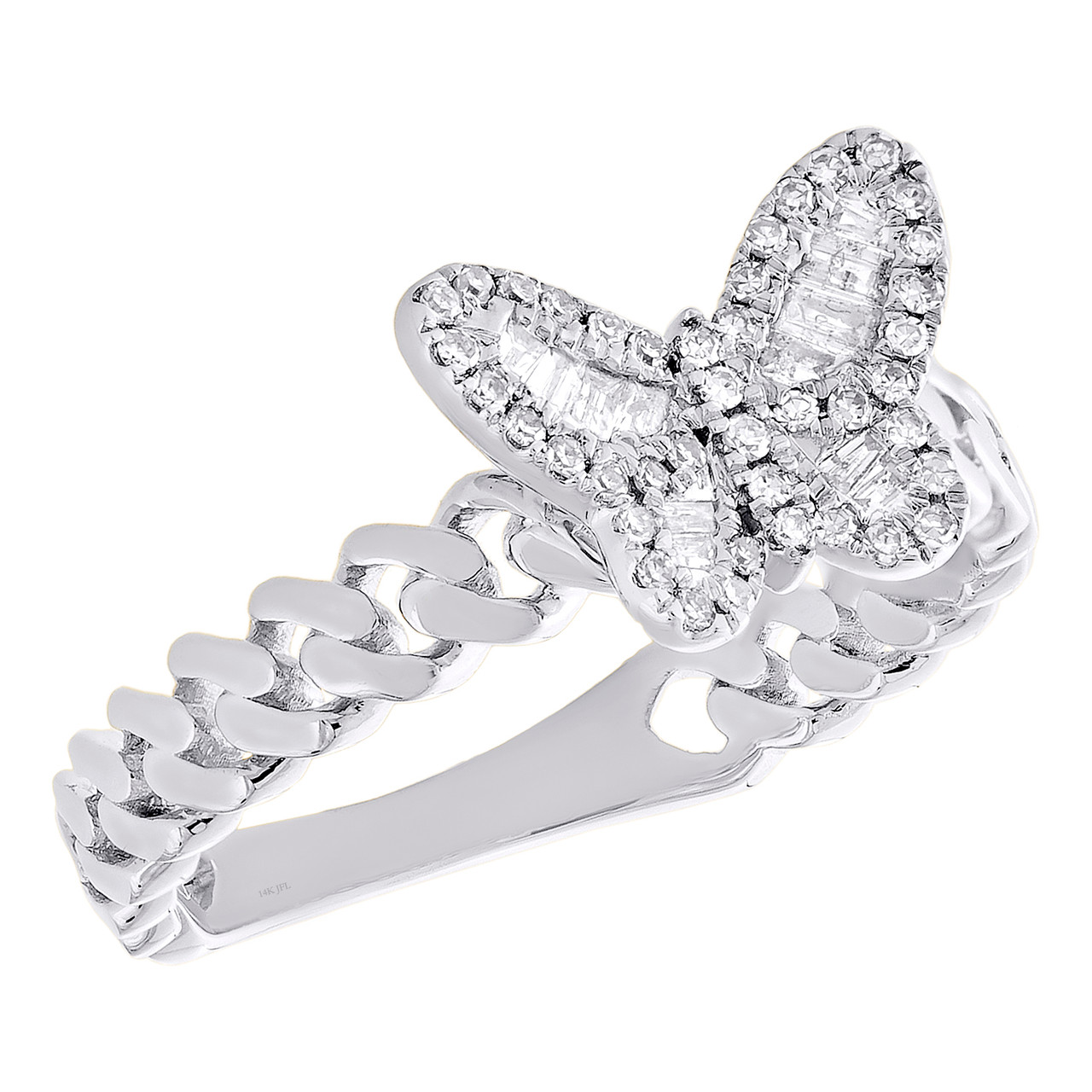 14K White Gold Diamond Women's Cuban Link Butterfly Right Hand