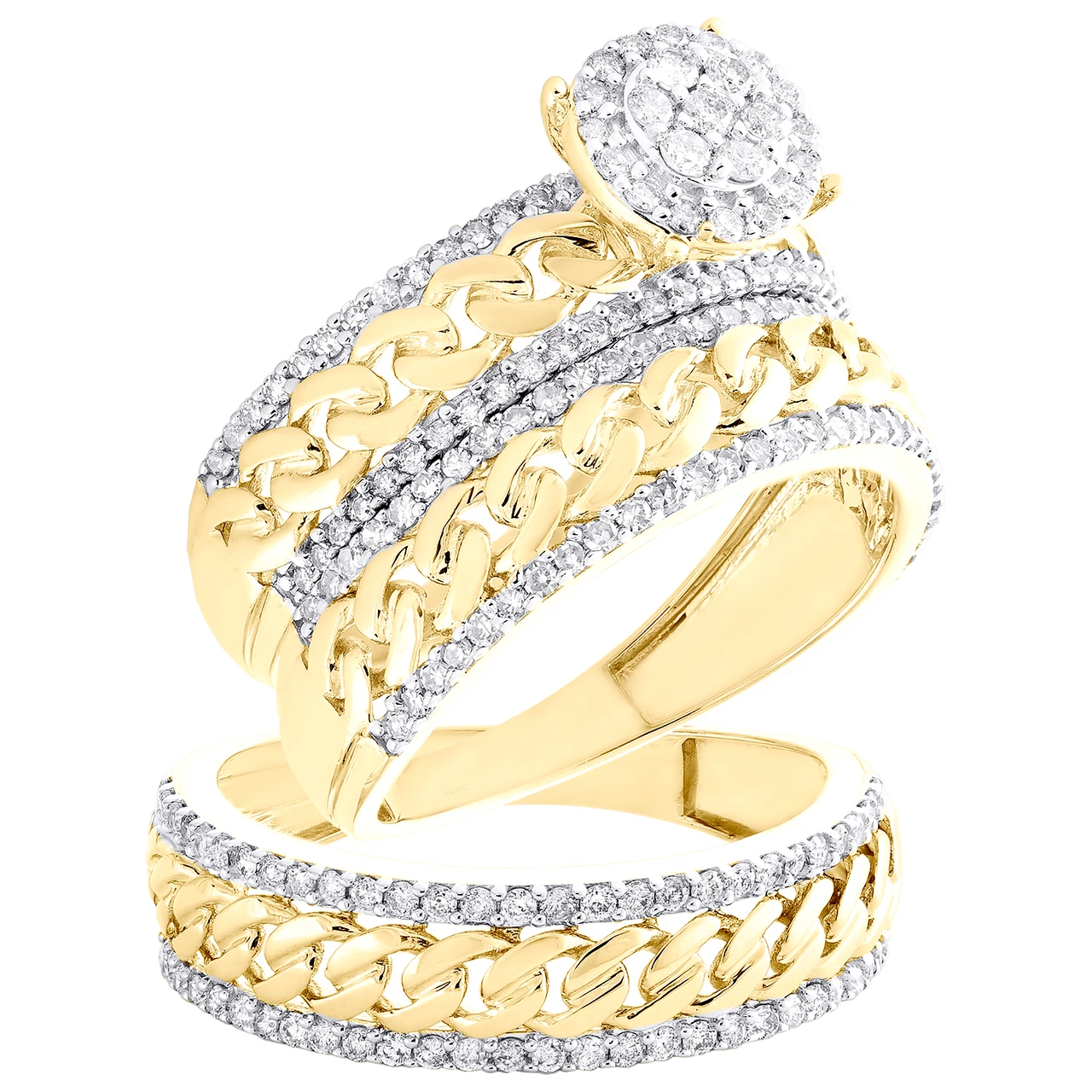 10K Yellow Gold Diamond Trio Set Cuban Link Bridal + Matching 