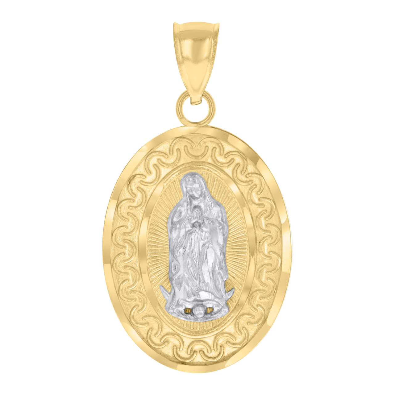 Genuine 10K Two Tone Gold 1.10" Charm Oval Medallion D/C Lady Guadalupe ...