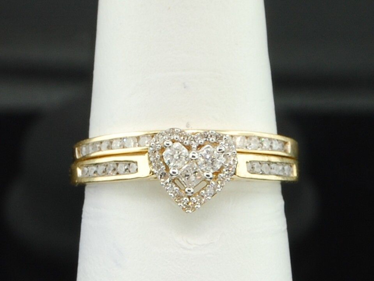 Ladies 10K Yellow Gold Diamond Engagement Ring Heart Wedding Band