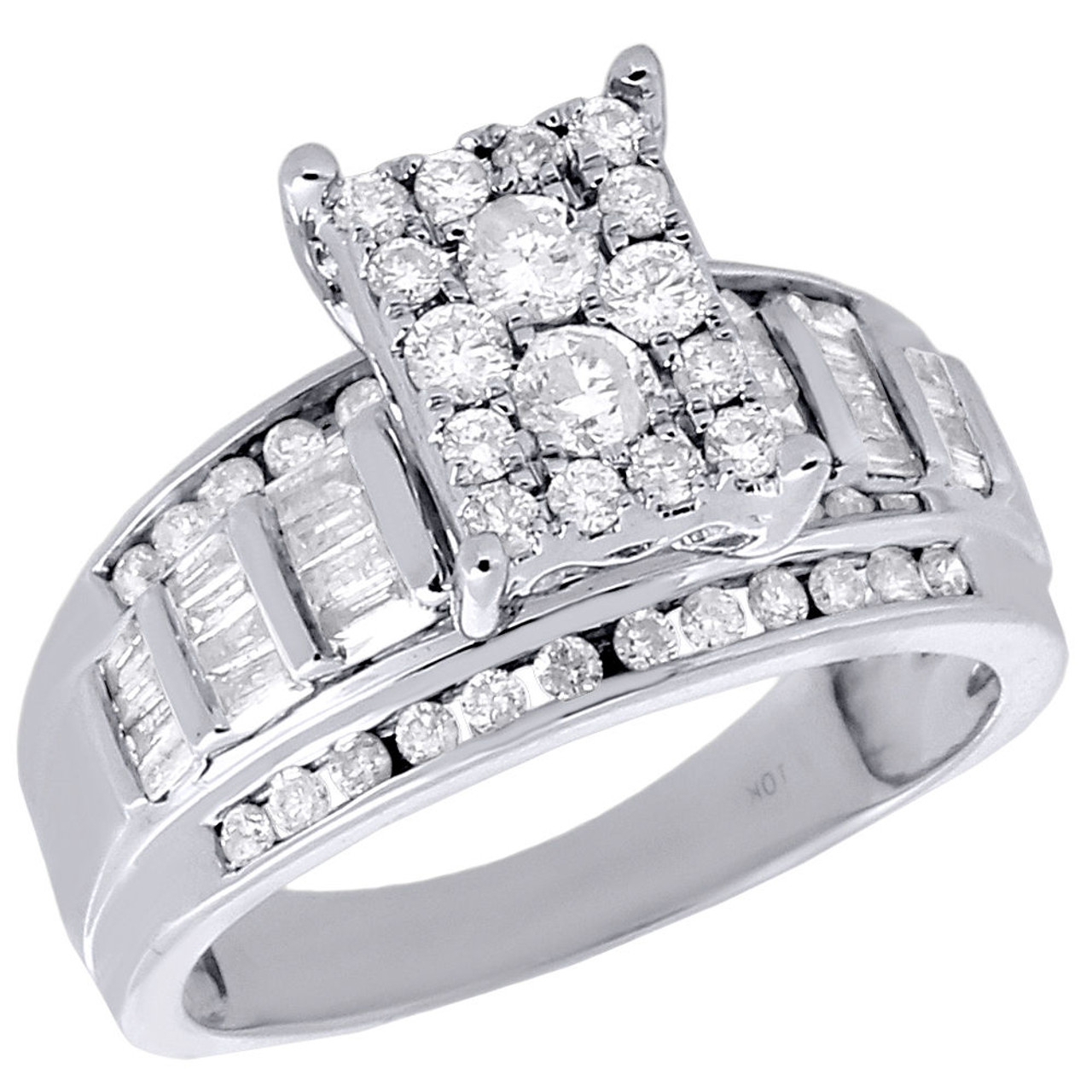Anillo de compromiso para mujer de oro blanco de 10 quilates redondo y baguette diamantes genuinos de 0,90 ct. - Diamantes y