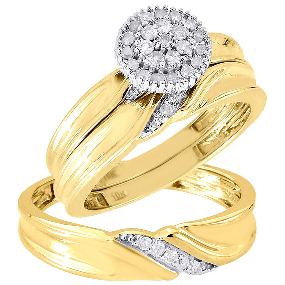 Diamond Trio Set 10K Yellow Gold Ladies Engagement Ring Mens