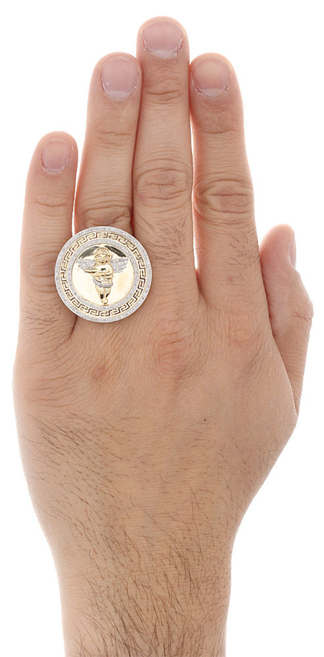 10K Yellow Gold Medallion Diamond Pinky Angel Ring 31MM