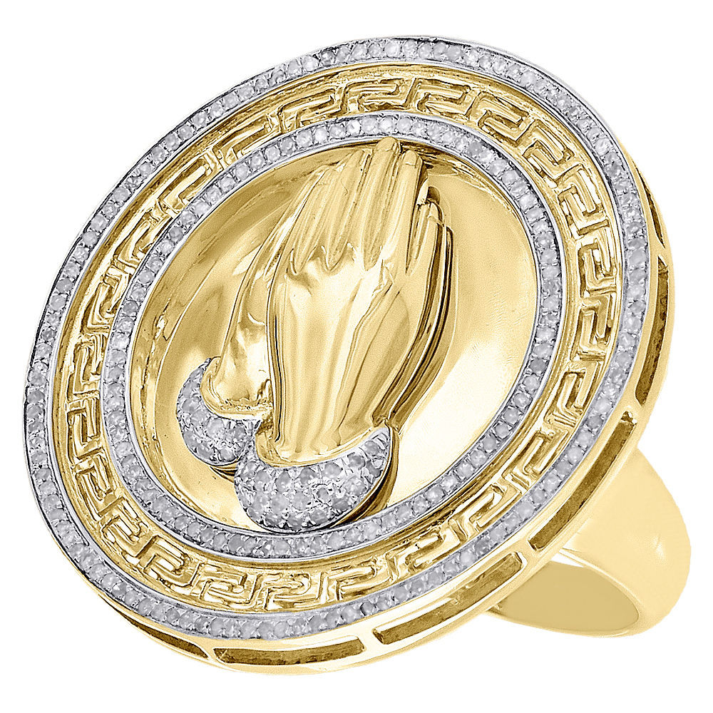 10K Yellow Gold Medallion Praying Hand Diamond Pinky Ring 31MM