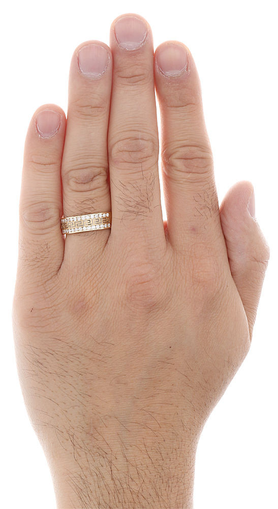 14K Yellow Gold Mens Diamond Engagement Band Black Greek Key Ring 0.50