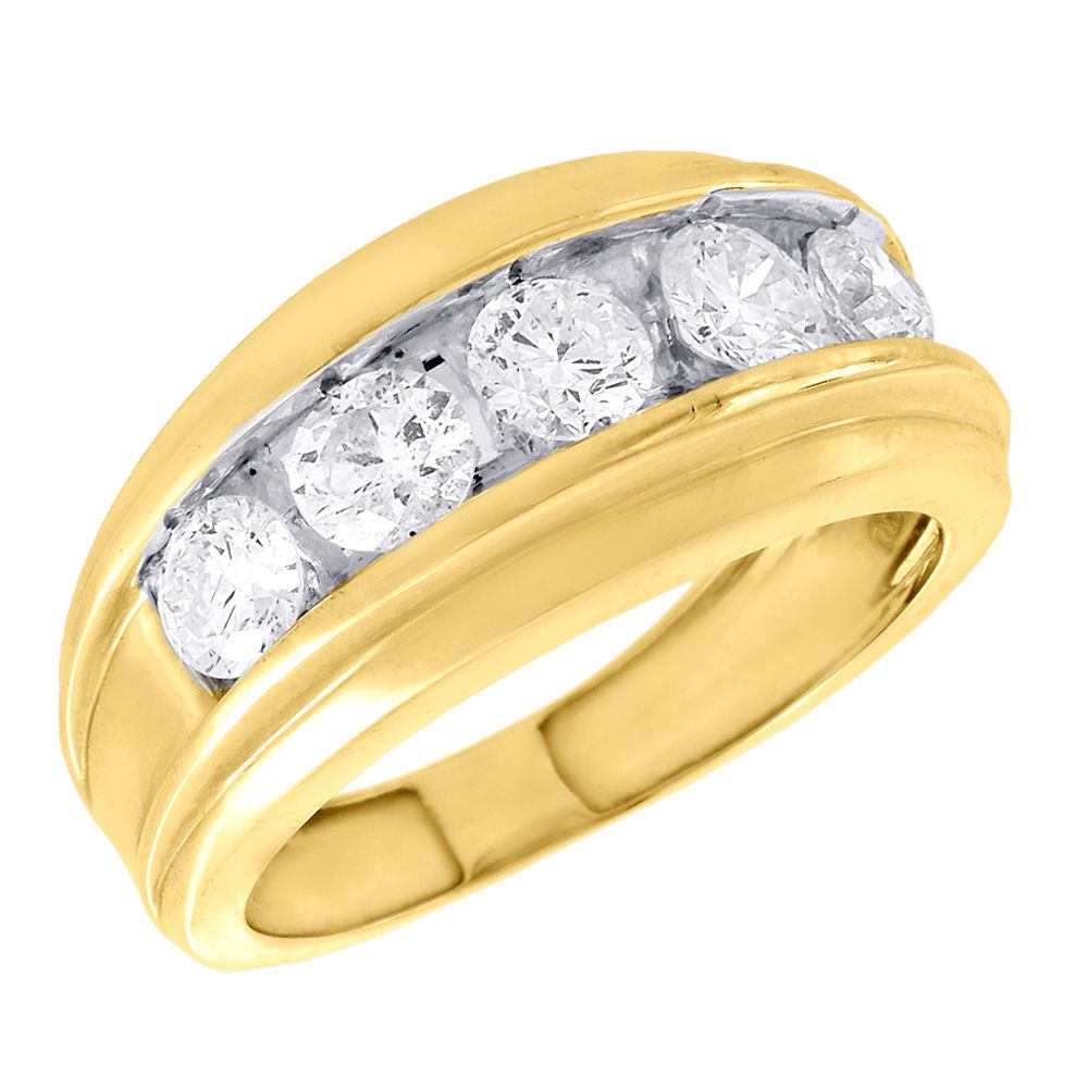 14K Yellow Gold Wedding Band Mens Stone Round Diamond