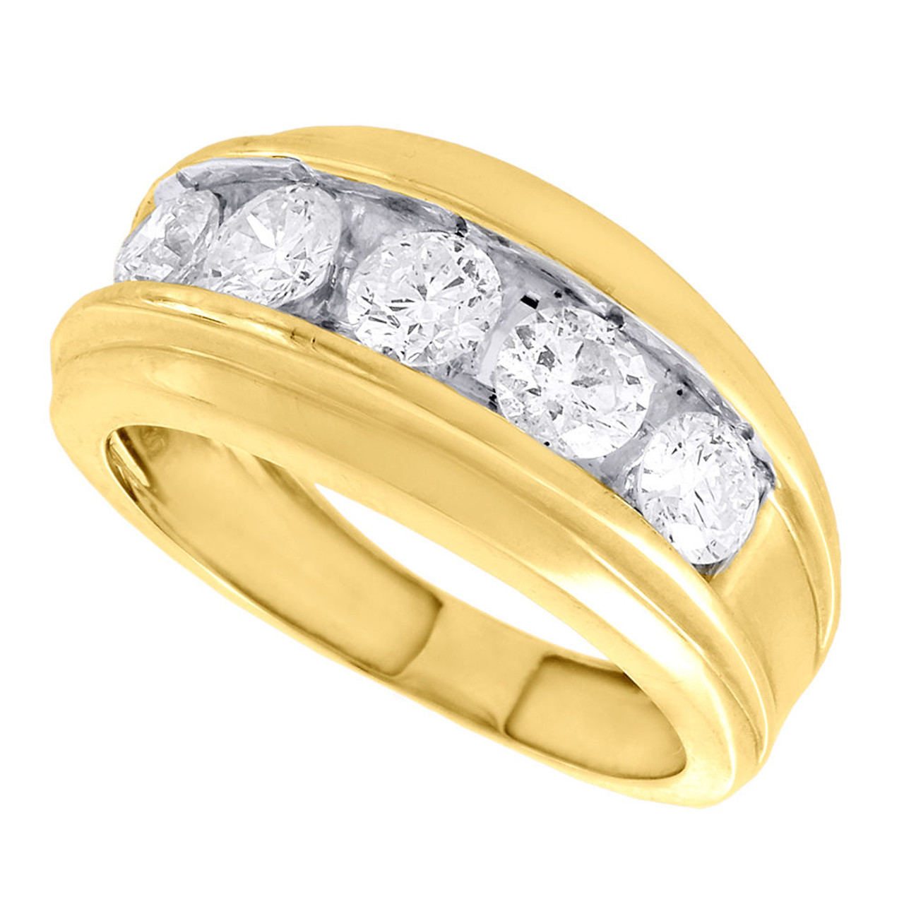 14K Yellow Gold Wedding Band Mens 5 Stone Round Diamond