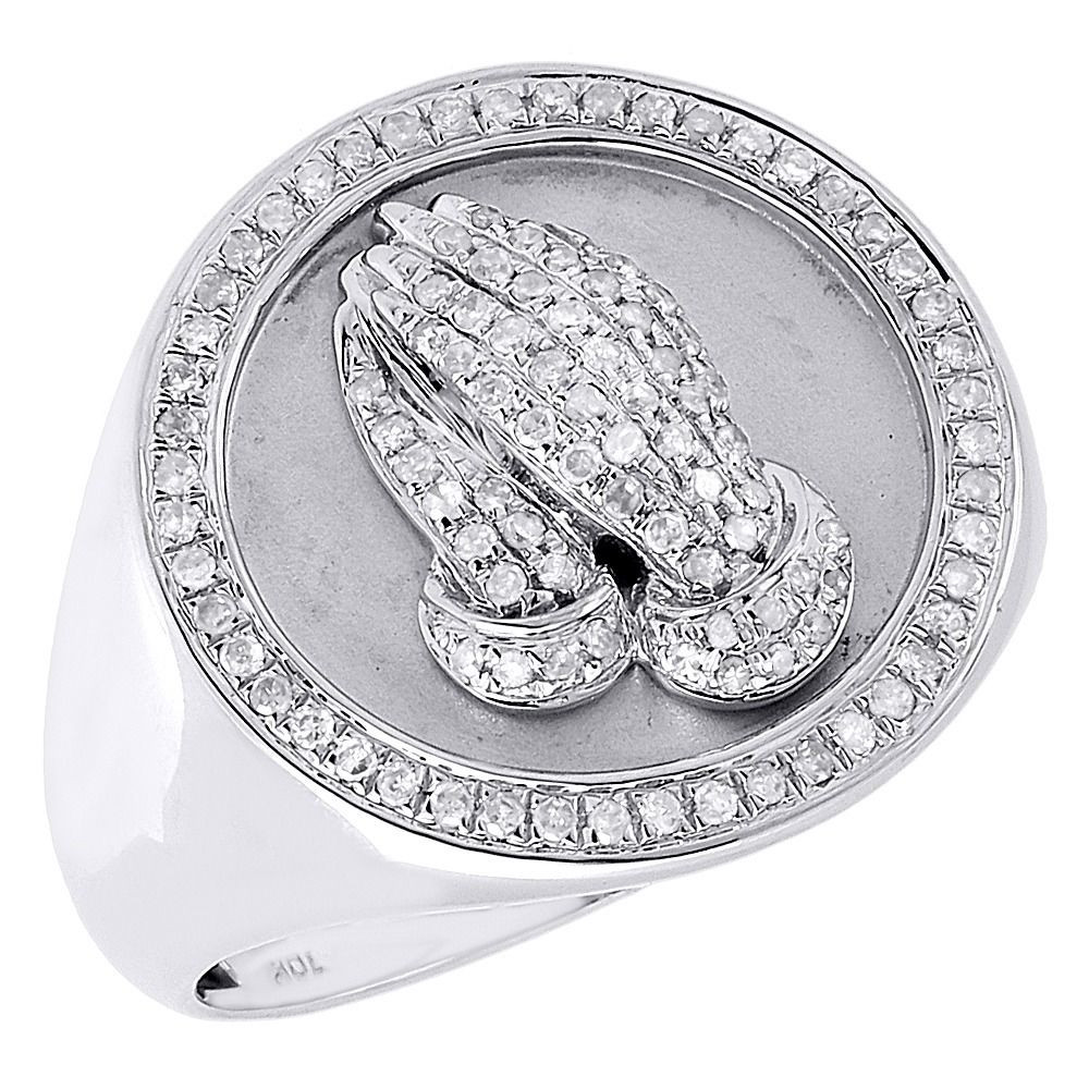 Diamond Praying Hands Pinky Ring 10K White Gold Brushed Finish