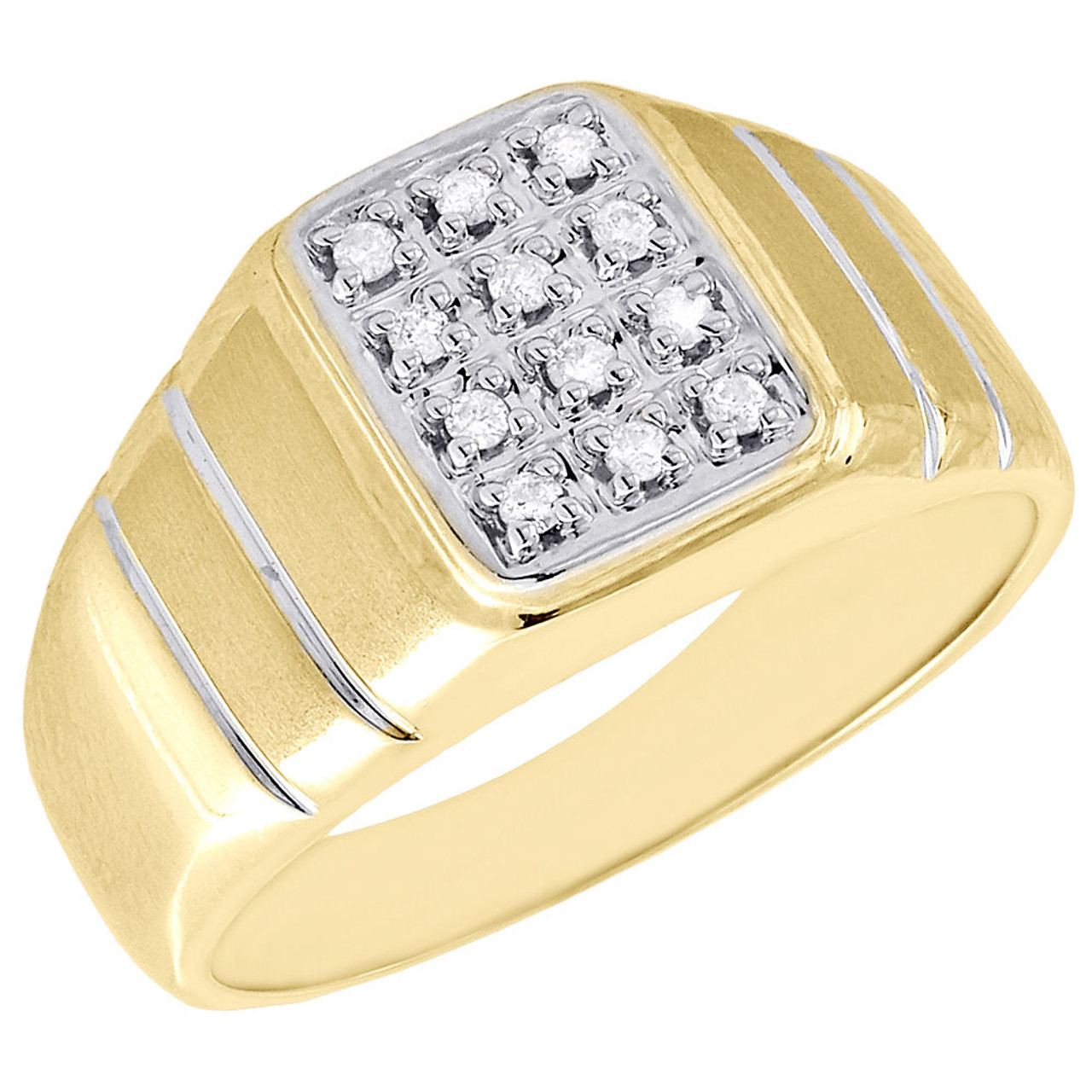 Alianza boda cuadrada con diamantes para hombre Anillo cepillado con pavé redondo de oro amarillo de 10 quilates .12 - Diamantes y relojes JFL